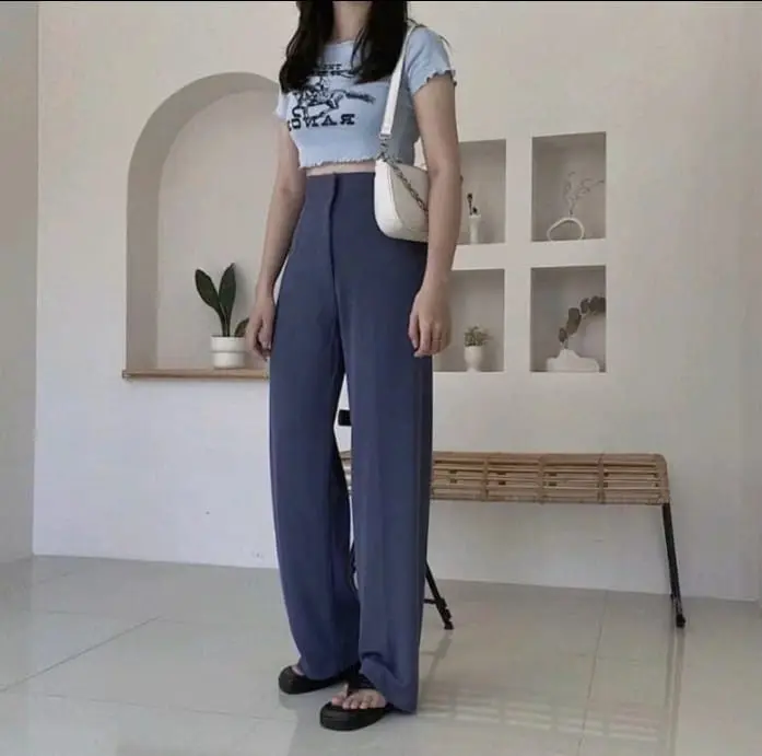 Celana Panjang Wanita Cozie Cullote Highwaist Rib Premium Anti Kusut - Scuba, Basic Nyaman Casual Kulot Pant (Hitam) - Formal, Biru Navy Linen Cewek Dewasa Kantor