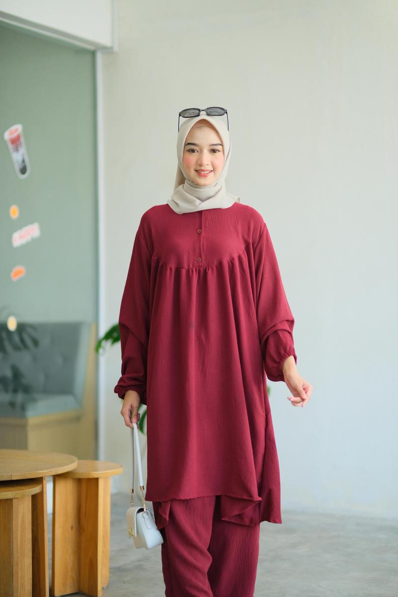 Product Introduction of WAGA Setelan Crinkle Jumbo LD 130 150 Baju Tunik Set Kekinian Untuk OOTD Rempel XXXL Airflow Kancing Kantong Karet 34
