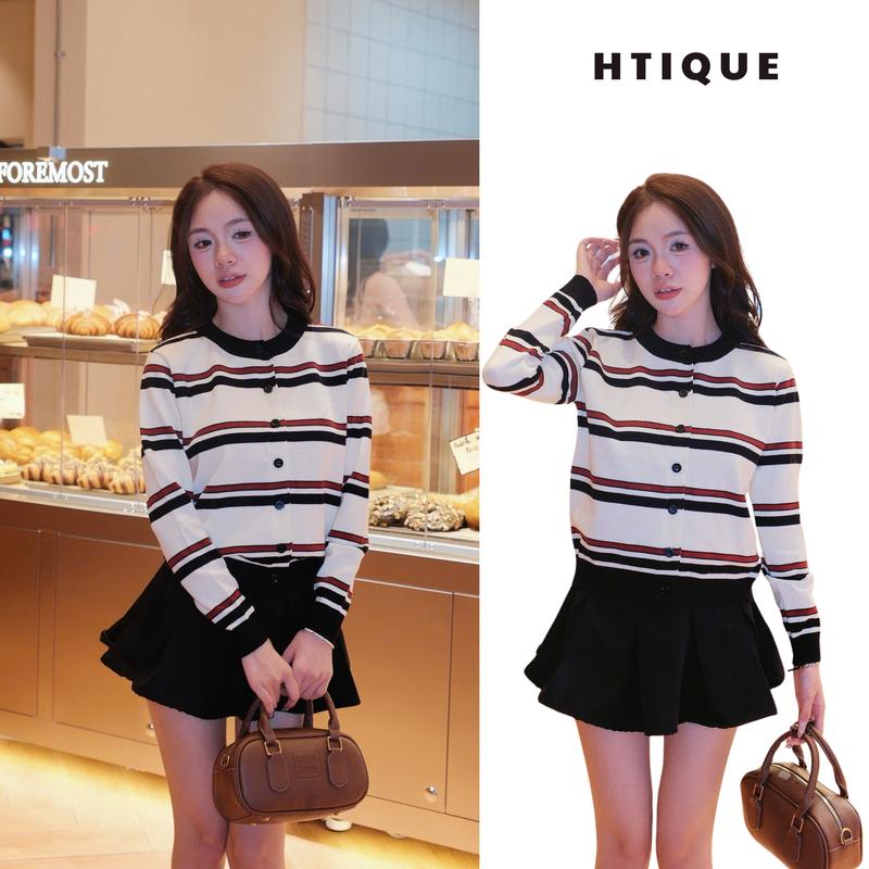(BST thu đông HTIQUE) Áo cardigan kẻ đỏ - đen, Áo len dệt kim cao cấp basic LA05