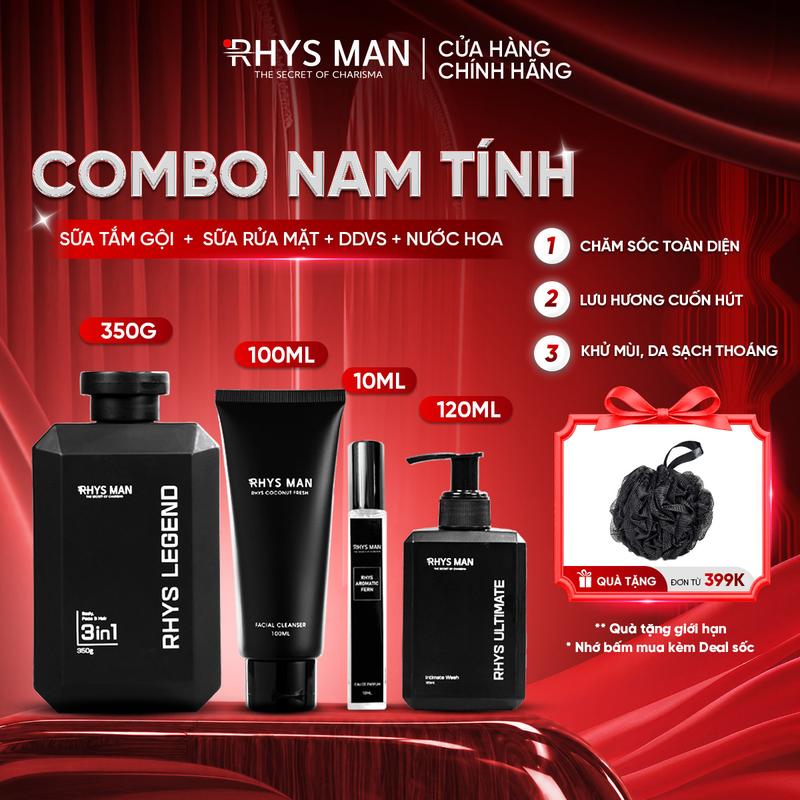Combo Nam Tính Rhys Man - Sữa tắm gội nam 3in1 350ml & Sữa rửa mặt nam 100ml & Dung dịch vệ sinh nam 120ml & Nước hoa 10ml
