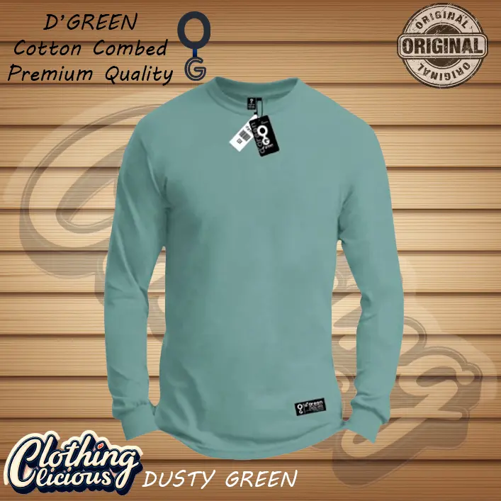 Baju Kaos Polos Lengan Panjang D'GREEN DUSTY GREEN Cotton Combed 30s 150gsm untuk Pria dan Wanita - Sablon Distro Katun