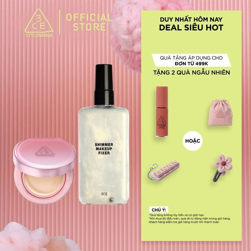 Chai Xịt Cố Định Lớp Trang Điểm 3CE Shimmer Makeup Fixer 95ml & Phấn nước giúp da sáng tự nhiên 3CE Fitting Mesh Cover Cushion 11g