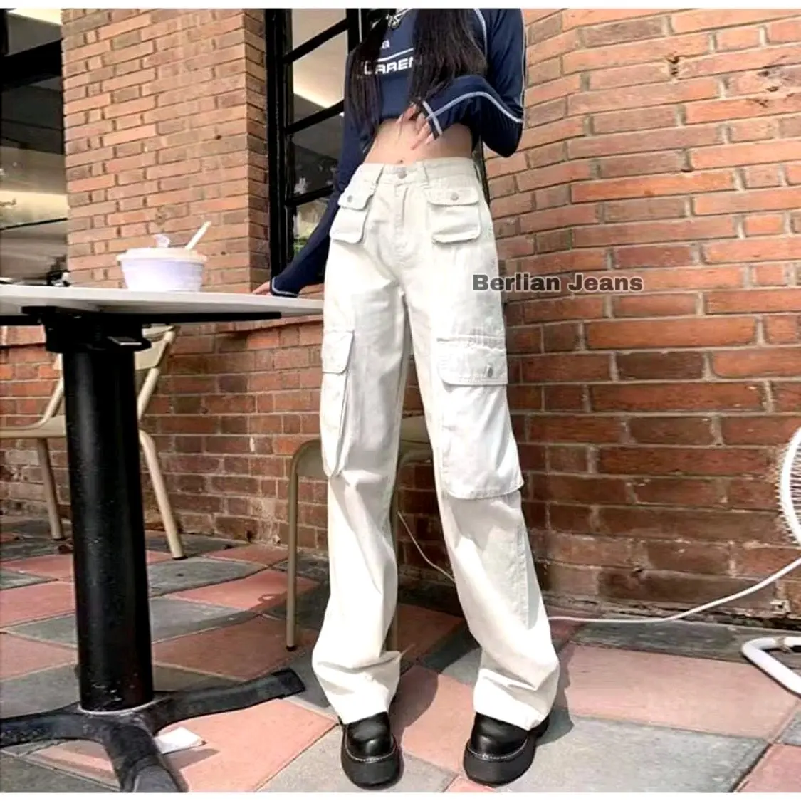 Cargo Denim Celana Cargo Jeans Wanita Pasir Putih Highwaist Loose Celana Jeans Wanita(Realpict)