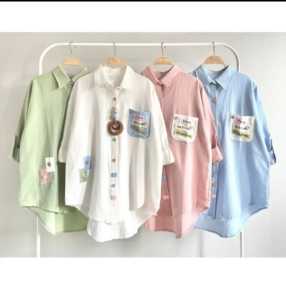 Kemeja katun linen lucu warna pastel