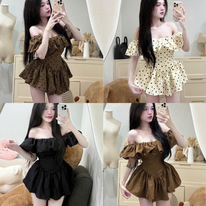 Đầm nữ trễ vai viền bèo dáng ngắn chiết eo PLD344