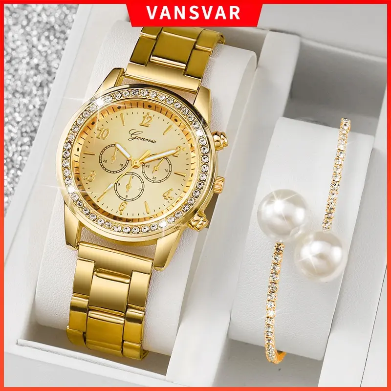 Geneva - Jam tangan kuarza untuk wanita, set gelang, keluli tahan karat, dalam fesyen