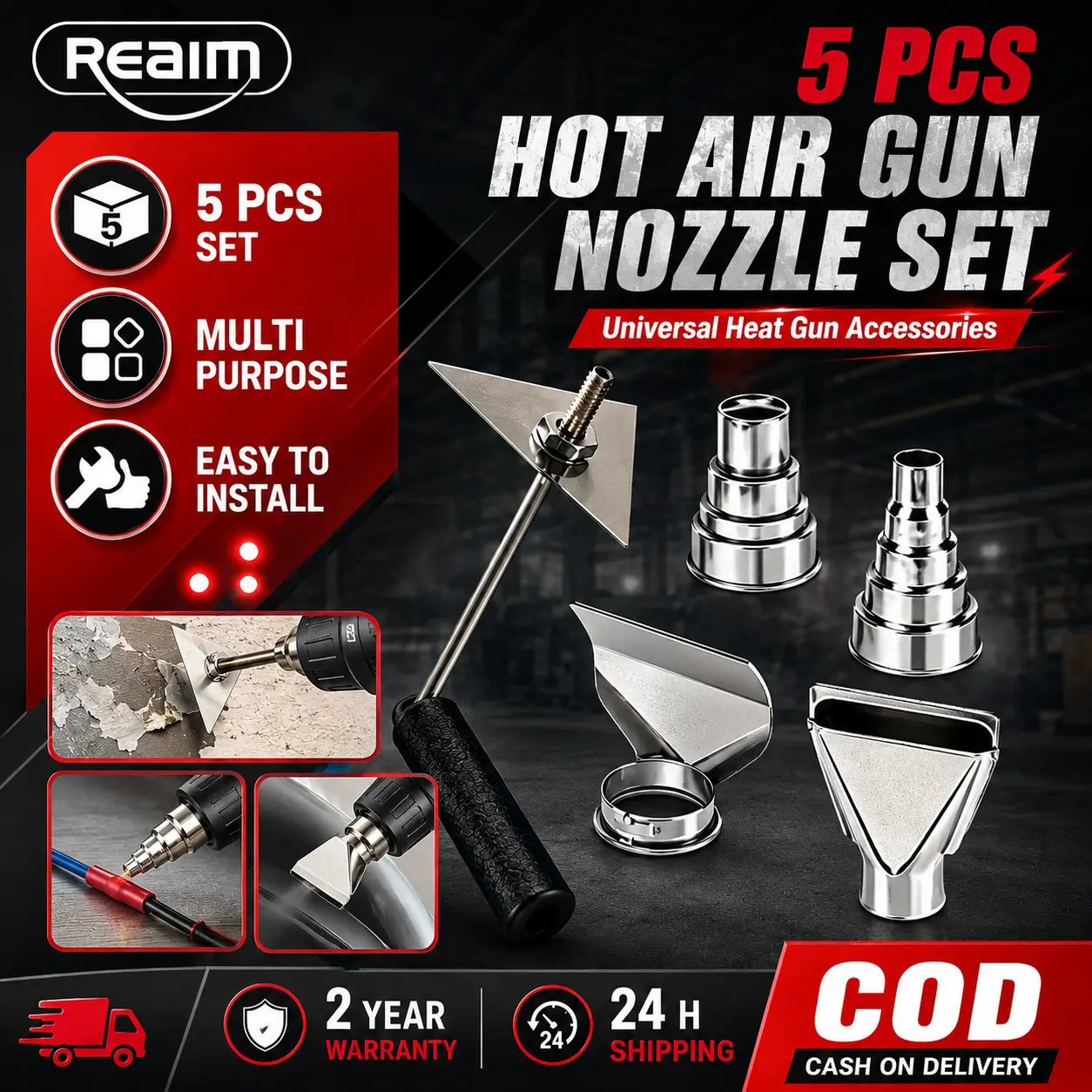 Reaim Heat Gun 220V Senapan Panas Industri Dilengkapi 5 Jenis Nozzle Dan Sekop Aksesori Lengkap