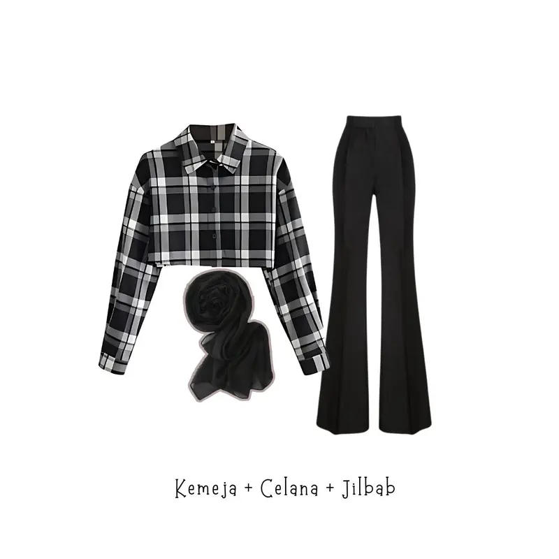 one set 3in1 kemeja crop kotak hitam putih celana kulot cutbray scuba highwaist hitam jilbab bella | perempuan wanita cewek ootd korean nonton konser hijab kuliah kerja nongkrong nonton style HK19 1