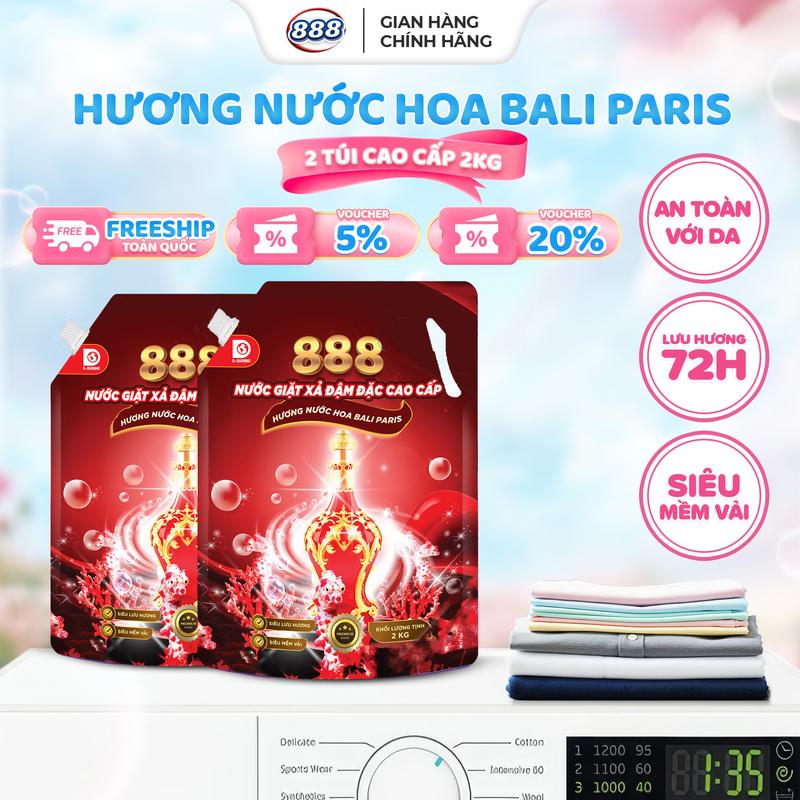Combo 2 túi Nước Giặt Xả 888 Hương Nước Hoa Bali Paris 2Kg túi lưu hương 72 giờ ko hại da tay công nghệ châu âu bền màu áo quần PP chính hãng D-Shinning siêu mềm vải giặt được cửa trước và cửa trên