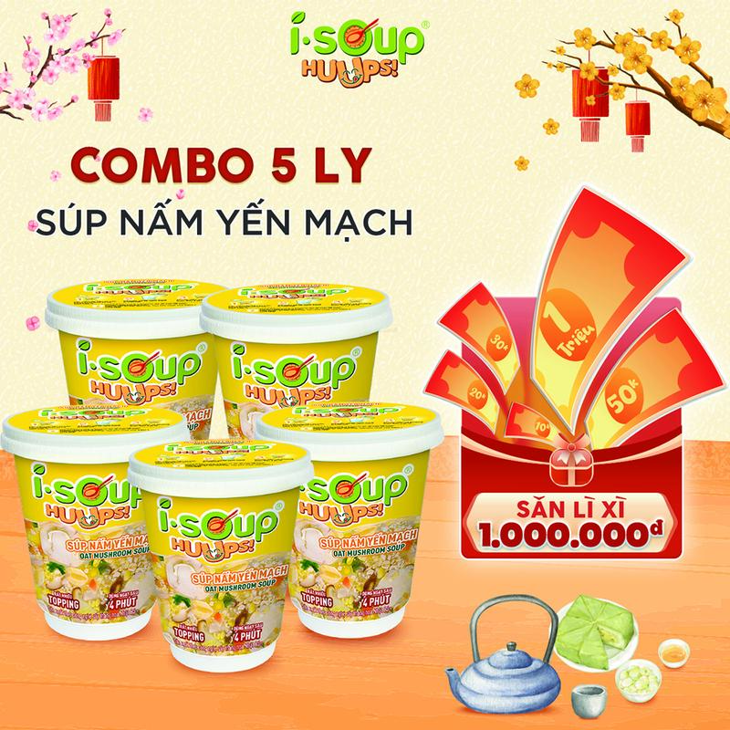 COMBO 5 LY Súp Nấm Yến Mạch Ăn Liền ISOUP HUUPS Hũ 24G - Súp Ăn Liền Sấy Thăng Hoa