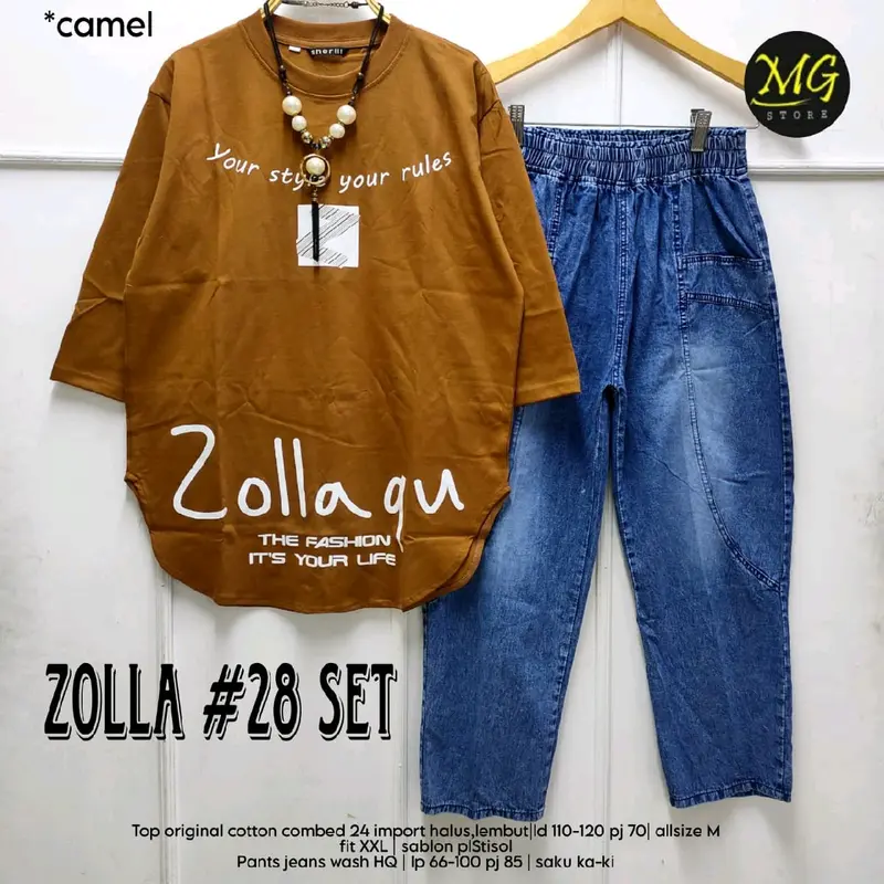 ZOLLA SET #28 Setelan Wanita Dewasa JUMBO atasan Combed 24s TEBAL Celana Jeans Wash HQ • Desain kasual Kekinian • Bisa COD 4