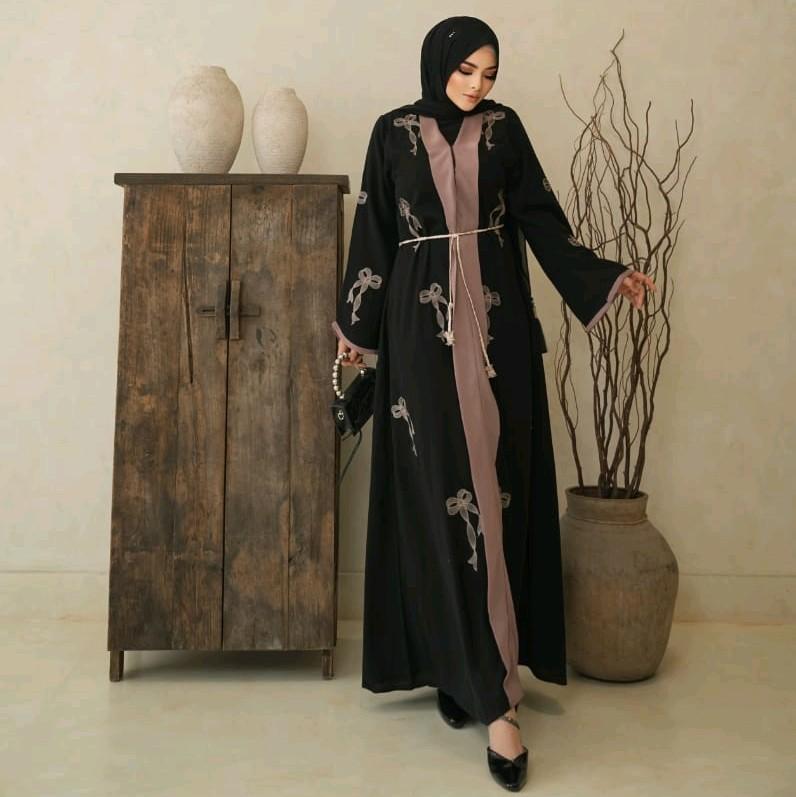 Abaya Tasya Pita Arabian Style Muslim Gamis Dewasa - Bahan Jetblack Bonanza - Ukuran S-XXL - Wanita Hitam Dress Turki Bordir Mewah 6