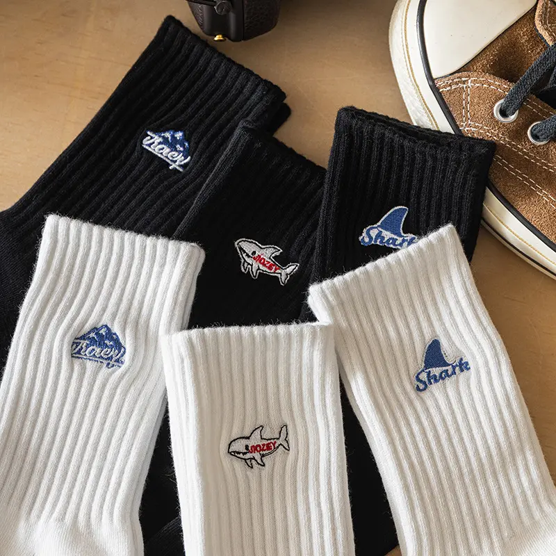Men's mid-tube socks spring and autumn cotton bottom sweat-absorbing breathable Japanese embroidered high-top stockings ins Fabric Menswear