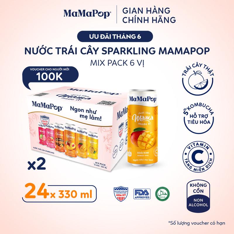 Combo 2 thùng 12 lon nước trái cây sparkling MaMaPop mix 6 vị 330ml x 24 lon