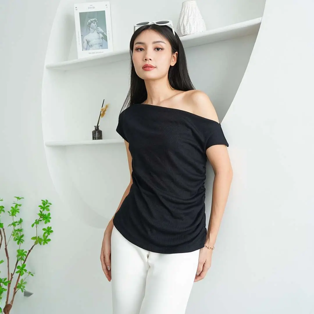 [ Vensh ] Asymetri Top Knit Ensley / Atasan Top Knitwear / Basic One Shoulder Rajut Top /  Korean Top Baju Knit Wanita Lengan Pendek / Basic Short Sleeve Tee