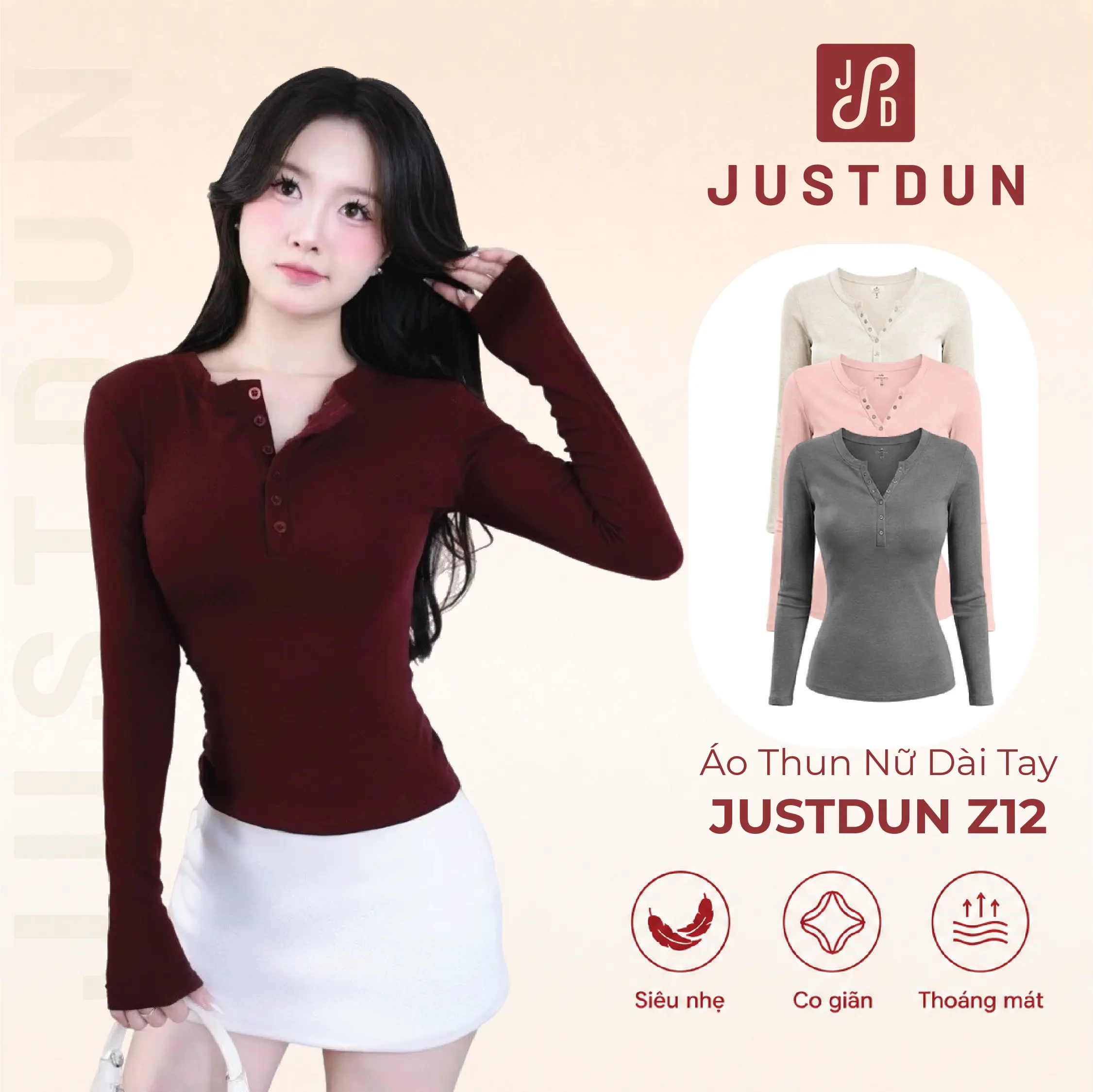 [DEAL XẢ KHO] Áo Thun Nữ Dài Tay JUSTDUN Z12 - Thiết Kế Khuy Cúc Ngực, Cotton Mịn Êm Ái, Ôm Dáng, Co Giãn Thoải Mái
