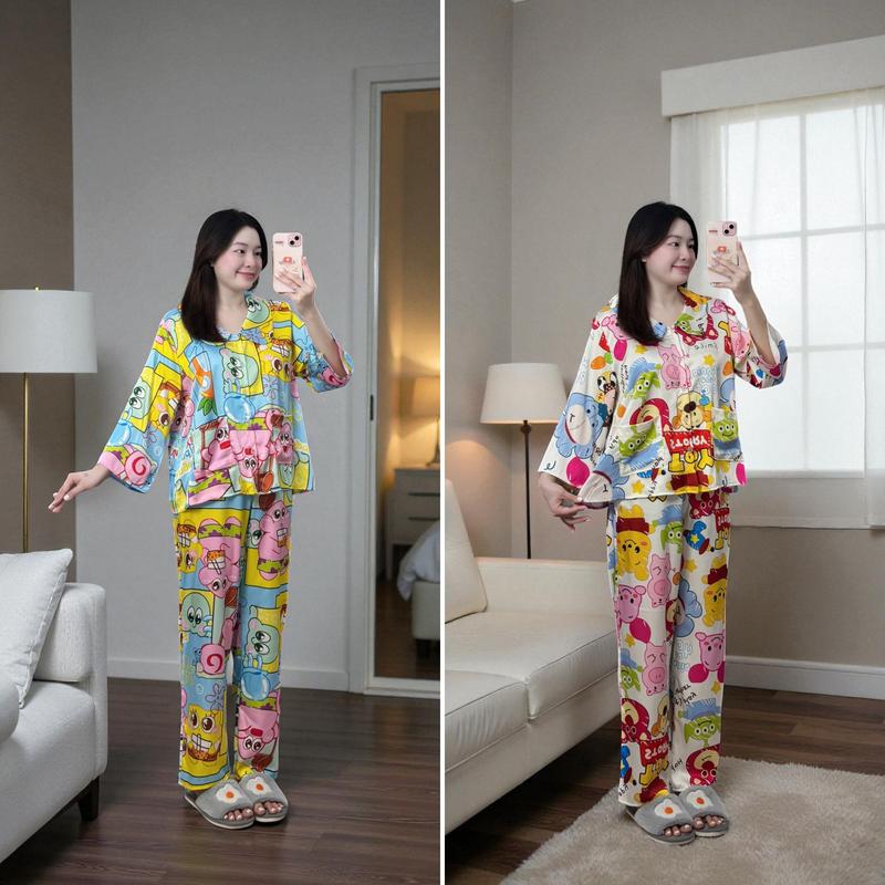 Bộ Đồ Ngủ Pijama Tay Lỡ Quần Dài Cổ Tròn Dáng Bẻ Chất Liệu Lụa Latin Tơ Tằm Siêu Mát Freesize 40-60kg
