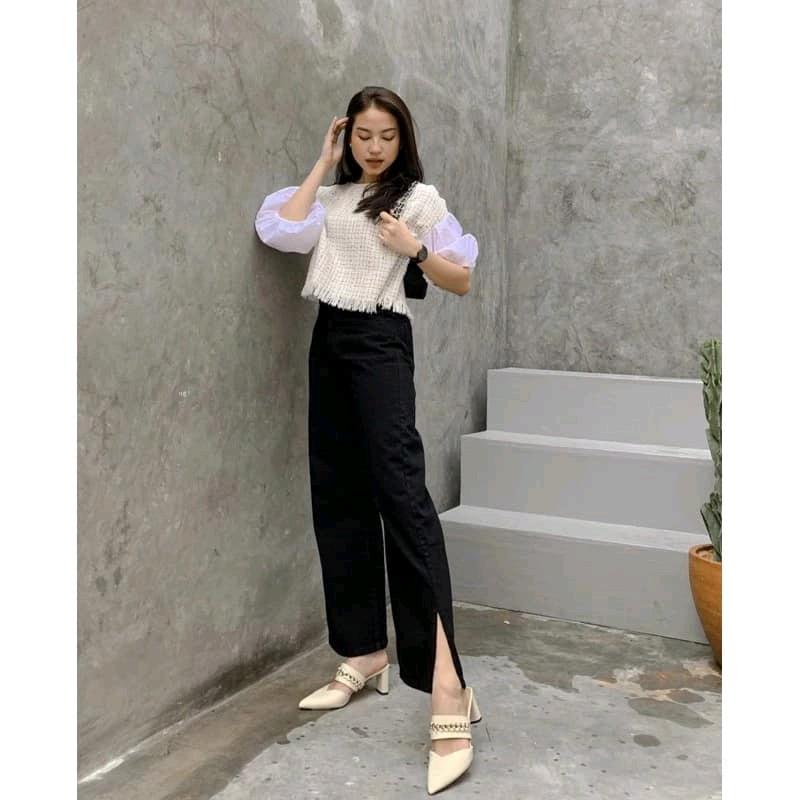 Kulot Jeans Belah Samping Kulot Jeans Highwaist Eony Boyfriend Kantong Karet Celana Panjang Baggy 2