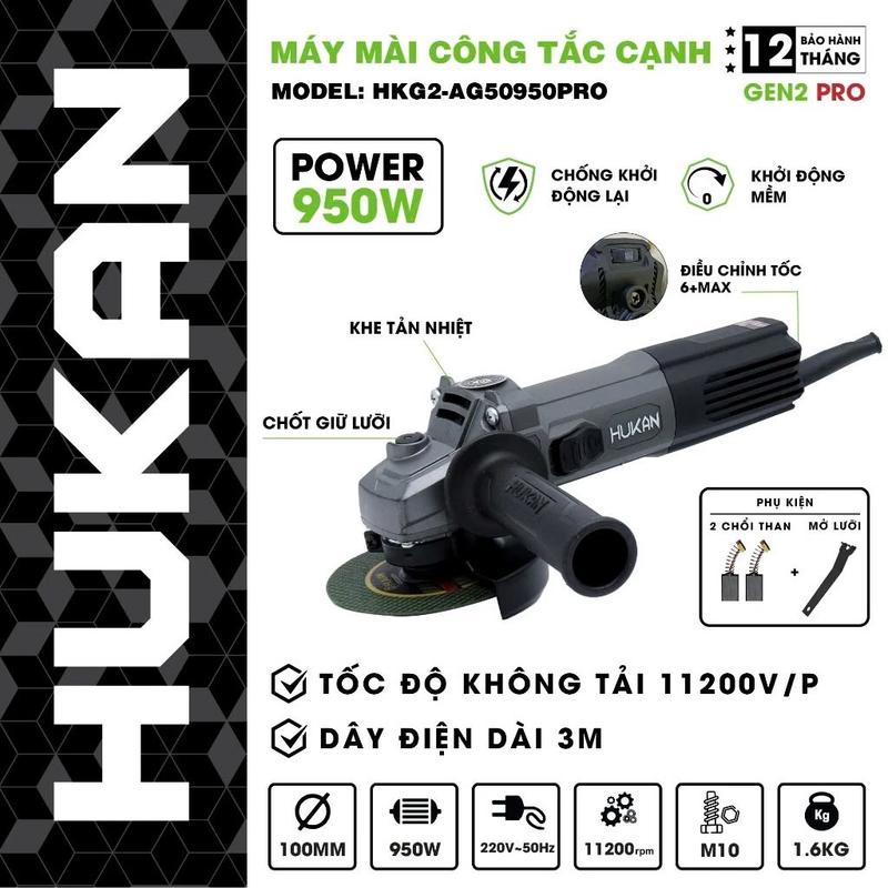 Máy mài góc Hukan AG50950PRO motor dây đồng, công suất 950W, công tắc cạnh, có điều chỉnh tốc