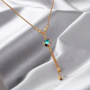 D.G.C Kalung Titanium Wanita Dewasa Anti Karat Perhiasan Emas Anti Luntur Fashion Aksesoris Zamrud Liontin Rumbai Klavikula D089