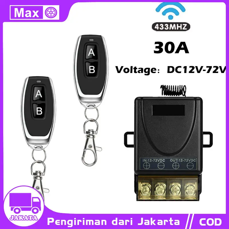 Relay Switch AC 220 DC 12V 1CH Remote Control Saklar on off /Sakelar Kontrol Jarak Jauh Nirkabel RF 433Mhz 30A DC 12V 24V 48V 72V Penerima Relai Arus Tinggi untuk Pompa Lampu Lampu 70 Meter 1