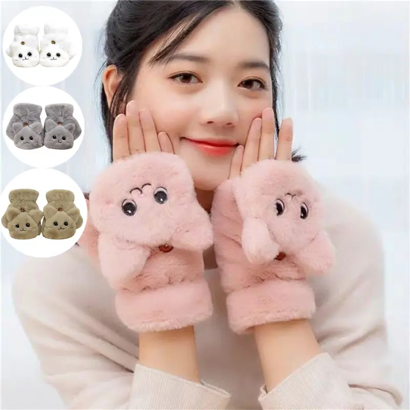 Găng Tay Dệt Kim Hở Ngón Cho Nữ, Giữ Ấm Mùa Đông, Găng Tay Cổ Tay HY, Tai Mèo Dễ Thương Bao Tay 0