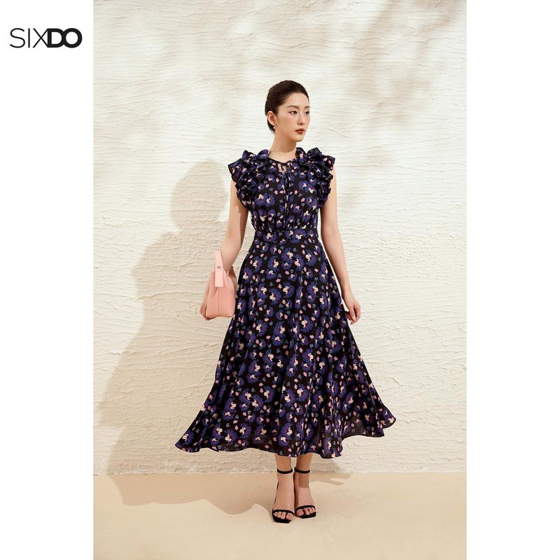  Đầm chiffon sát nách phối bèo SIXDO  Black Woven Flared Dress  