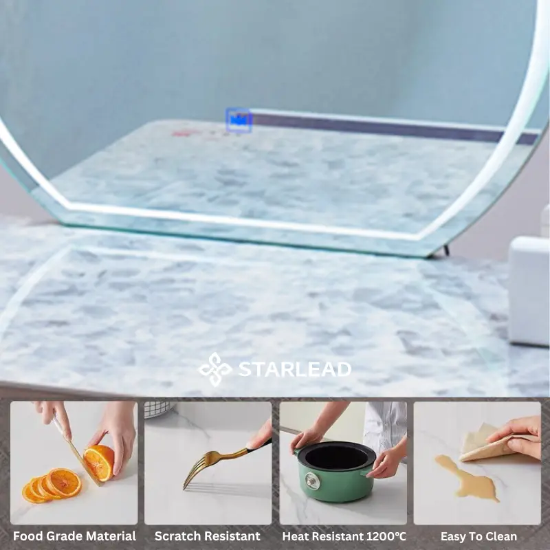 STARLEAD Set Meja Rias Aesthetic Lampu Led Laci Lemari Kayu Sintered Stone dengan Kursi - Luxe Glow Palette | Makeup Table Motif Marmer |  Skincare | Stylish Furniture 4