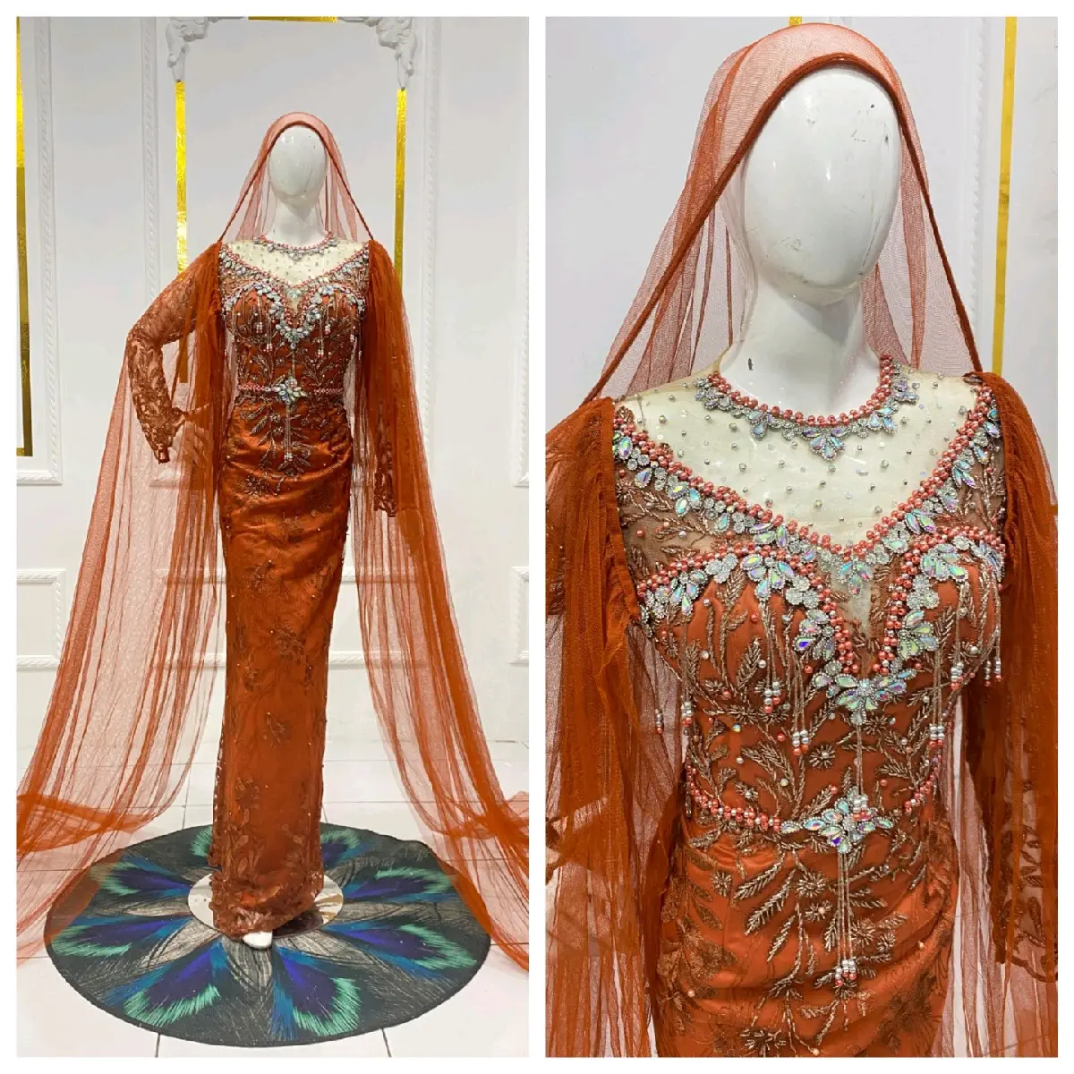 gaun model span warna teracota