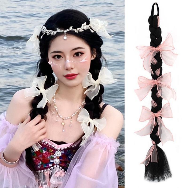 Product Introduction of วิกผมถักโบว์ริบบิ้นลูกไม้ธรรมชาติ ต่อผมหางม้าคู่บิดเกลียว 60cm 8