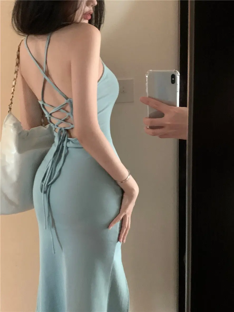 Sexy backless dress Women's new French retro slim-fit strap wrap hip strap skirt