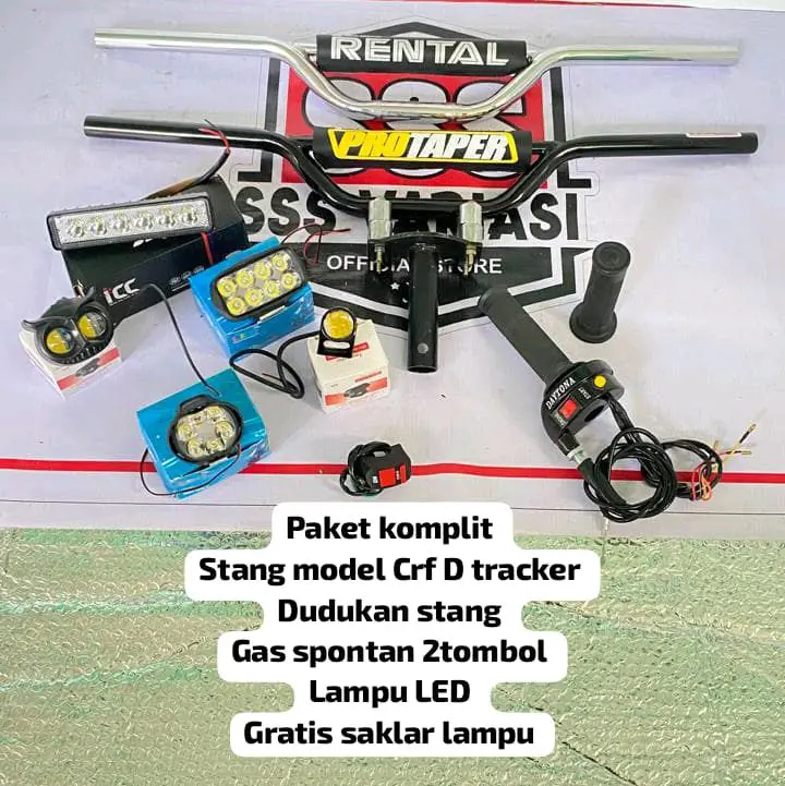 Paket komplit stang trail model Crf D-Tracker+dudukan stang+gas spontan 2tombol+lampu LED bonus saklar
