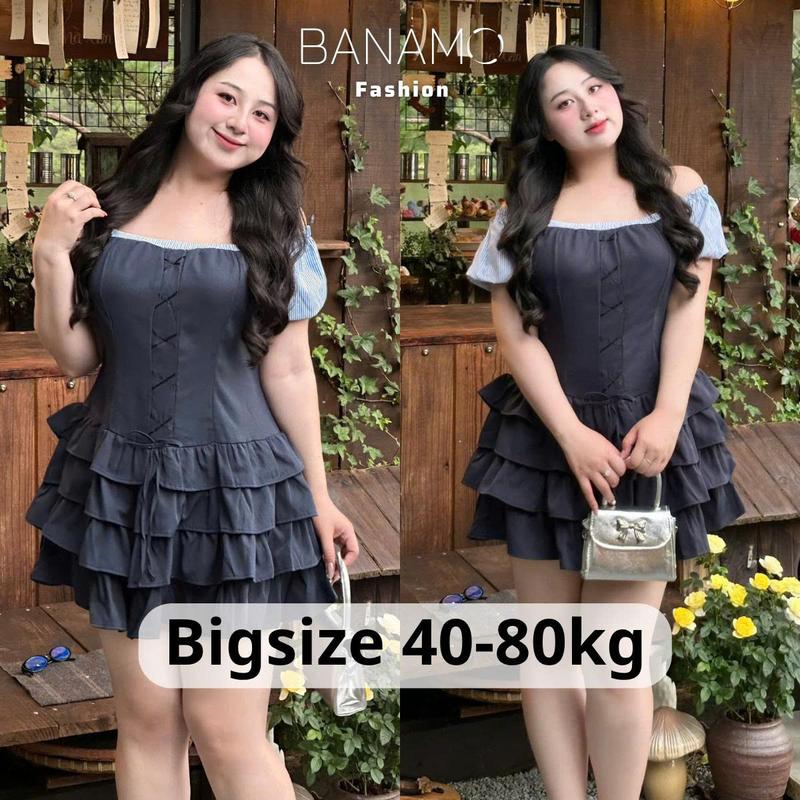 Đầm tiểu thư BIGSIZE Banamo Fashion váy thiết kế trễ vai tầng phối kẻ đính nơ ôm body tôn dáng 5939