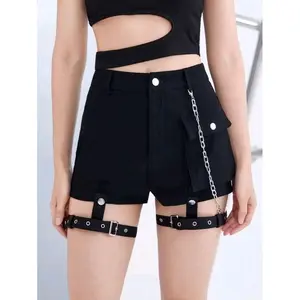 Muzakishop1 - celana pendek wanita cargo rantai premium | short pants wanita korea style | Grunge Punk Solid Grommet Eyelet Garter Shorts With Chain