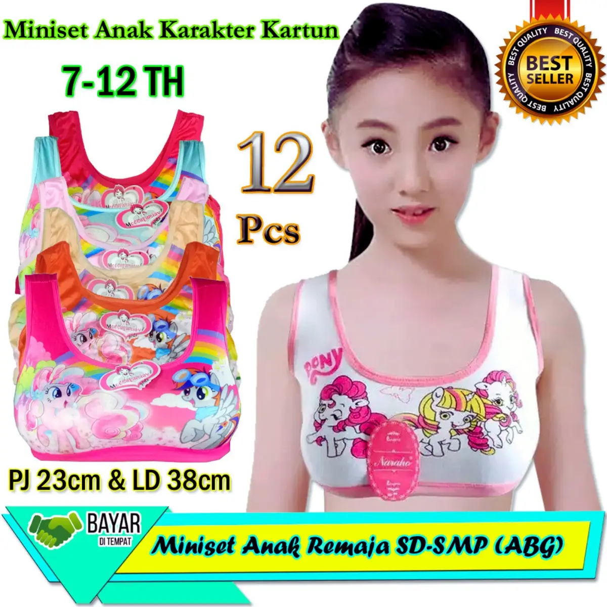 12Pcs Miniset Anak Perempuan SD-SMP Remaja ABG  6-12Tahun-Miniset Anak karakter Kartun Pony/LO Bonita Fashion xl 13-14 tahun kaos dalam mini set
