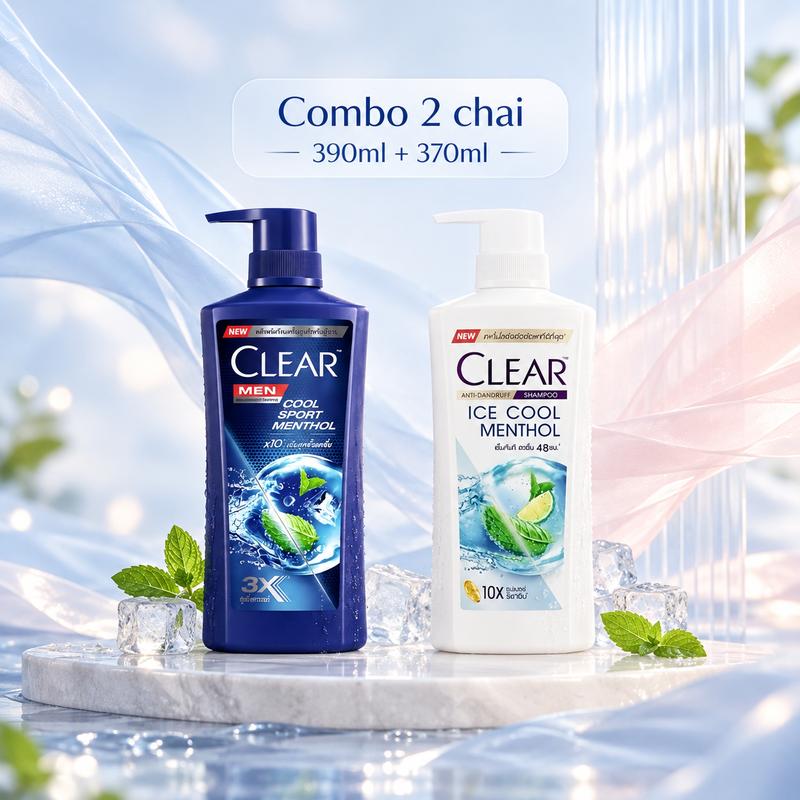 Combo dầu gội sạch gàu CLEAR 2 chai – CLEAR Ice Cool Menthol 370ml kết hợp Men Cool Sport 390ml, bạc hà sảng khoái, hỗ trợ làm sạch dầu thừa trên da đầu