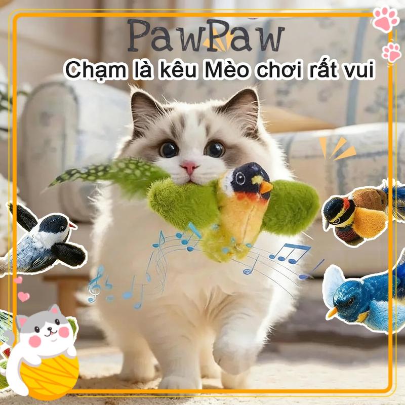 Đồ chơi cho mèo: đồ chơi hình chim phát ra âm thanh, chứa cỏ mèo và đi kèm với một vòng treo linh hoạt.