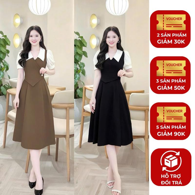 Đầm thiết kế Nhật Vy cổ V phối bèo đính cúc cách điệu dáng xoè có túi chất lụa phù hợp đi chơi dạo phố 3 màu nâu xanh đen tím - D2907 Dress Women