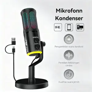 K18 Mikrofon Kondensor USB Type-C dengan RGB Dynamic untuk PC Laptop Live Streaming Gaming Recording Bass Berwarna cn Komputer