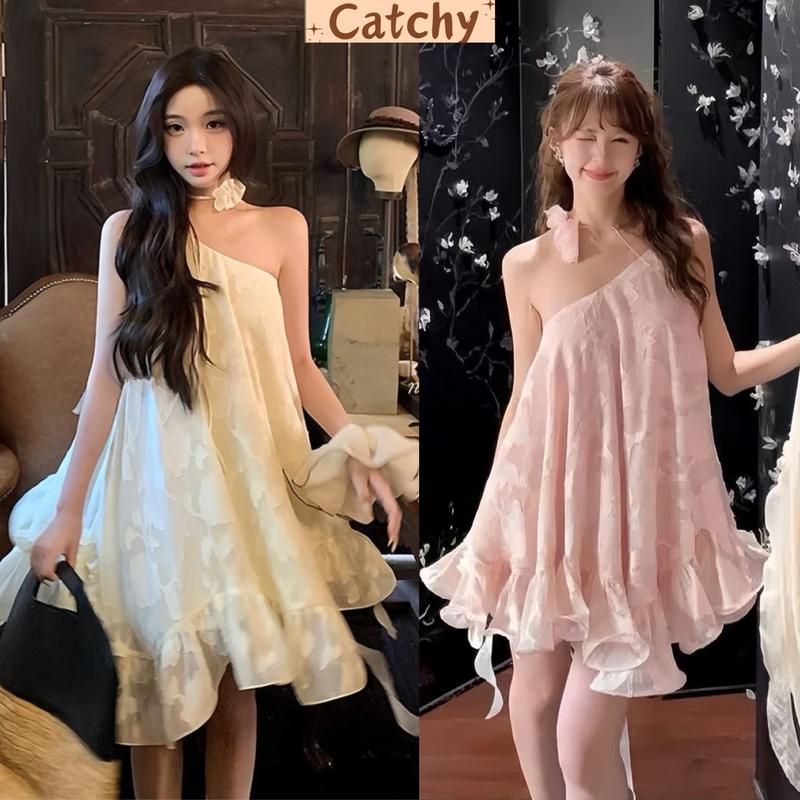 CATCHY Áo 2 Dây babydoll Lệch Vai Ren Hoa Hở Lưng Dáng Xòe Tiểu Thư Ngọt Ngào Xinh Xắn Đi Tiệc Đi Chơi