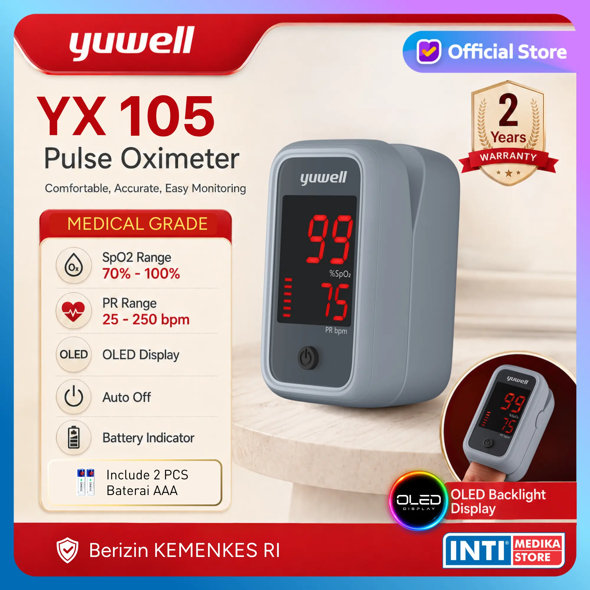 YUWELL - Pulse Oxymeter YX105 | Alat Saturasi Oksigen dan Denyut Nadi Fingertip | Garansi Resmi 2 Tahun