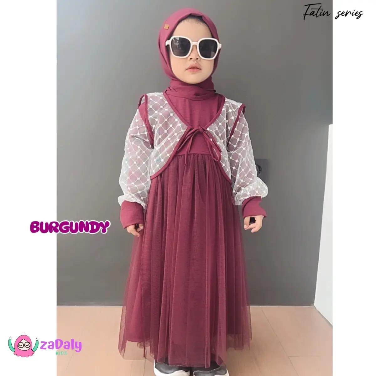 Set Gamis Pesta Anak Fatin Series Terbaru dari Zadaly Kids - gamis burgundy, Gamis Anak Muslimah, Gaun Anak Prewm, dan Hijab Anak Syari Lebaran - Kotak, Putih Tile Baju Dress Cantik Nyaman