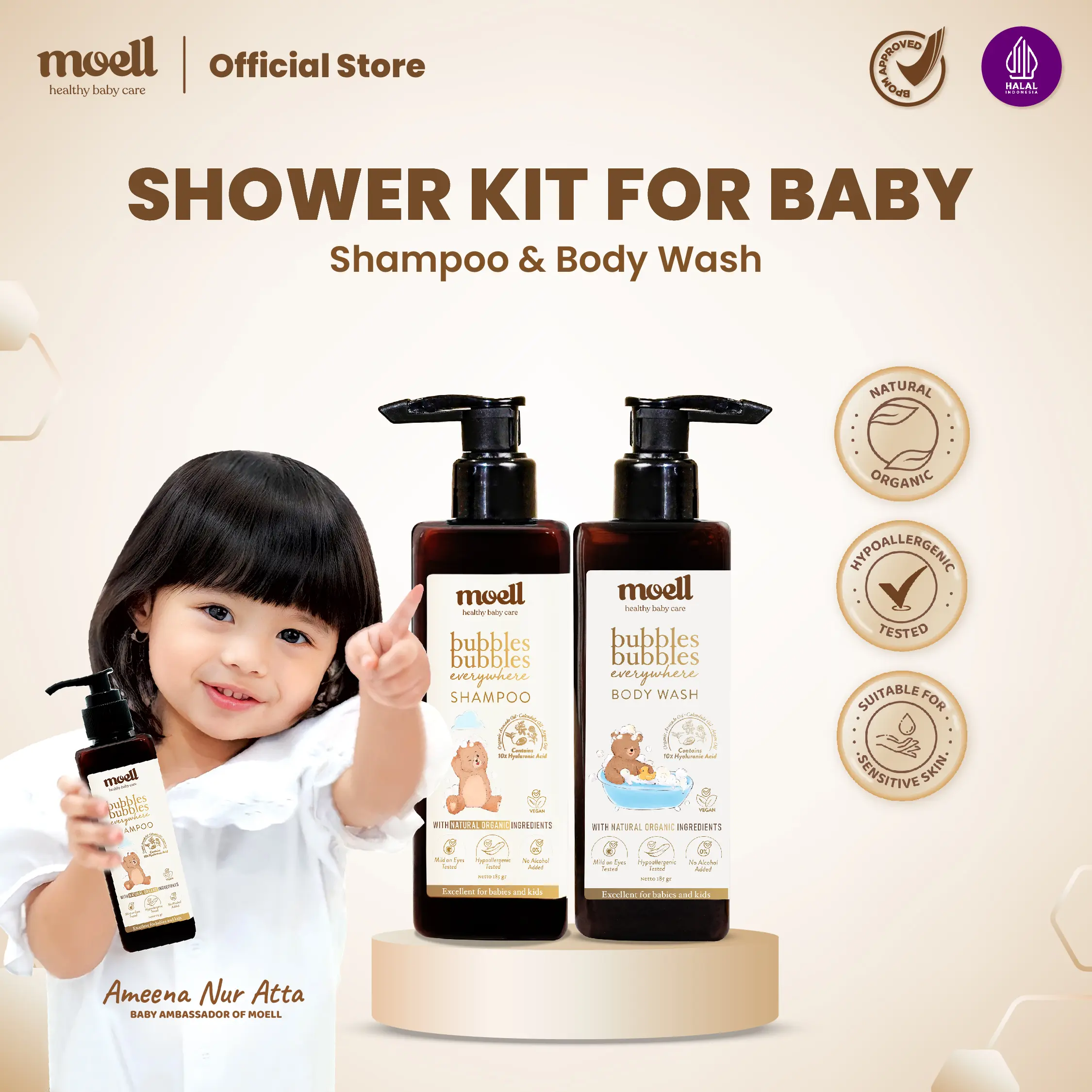 Moell Shower Kit - Bundling Body Wash 185ml & Shampoo 185ml - Dengan Calendula Oil & 10x Hyaluronic Acid - Tanpa SLS & Alkohol - Aman untuk Kulit Sensitif