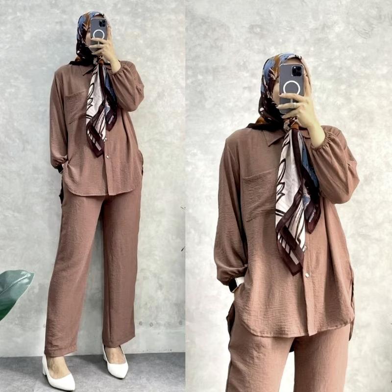 One Set Cargo Crinkle Airflow | Setelan Langan Panjang Celana Cargo Terbaru | Best Seller Kekinian Atasan dan Bawahan Ternyaman | One Set Korean Style All Size Fit To XL | terbaru Variasi Kulot Dewasa Tunik Baju Kancing Loose Linen 8