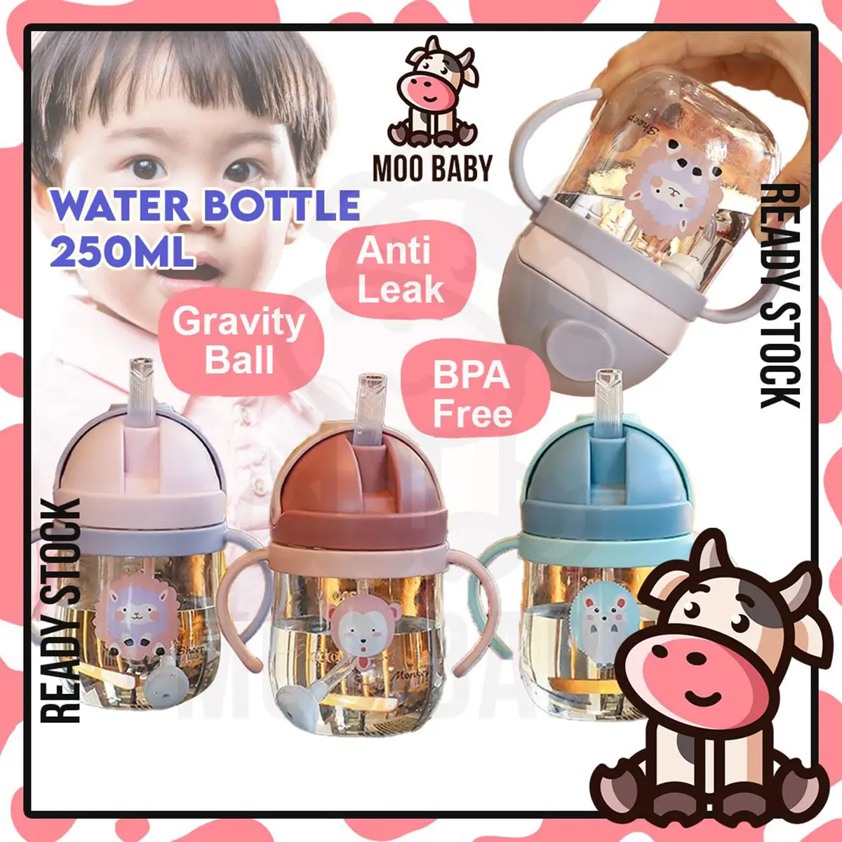 ⭐Moo Baby Water Bottle Sippy Cup Baby Straw Bottle Baby Drinking Bottle Bottle Air Baby Bottle Botol Air Baby BPA Free