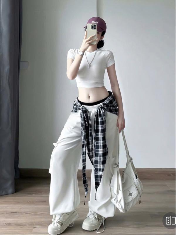 [DEAL MỞ BÁN] Set đồ nữ croptop ôm tay ngắn + quần ống rộng kèm  khăn kẻ caro buộc eo phong cách cá tính