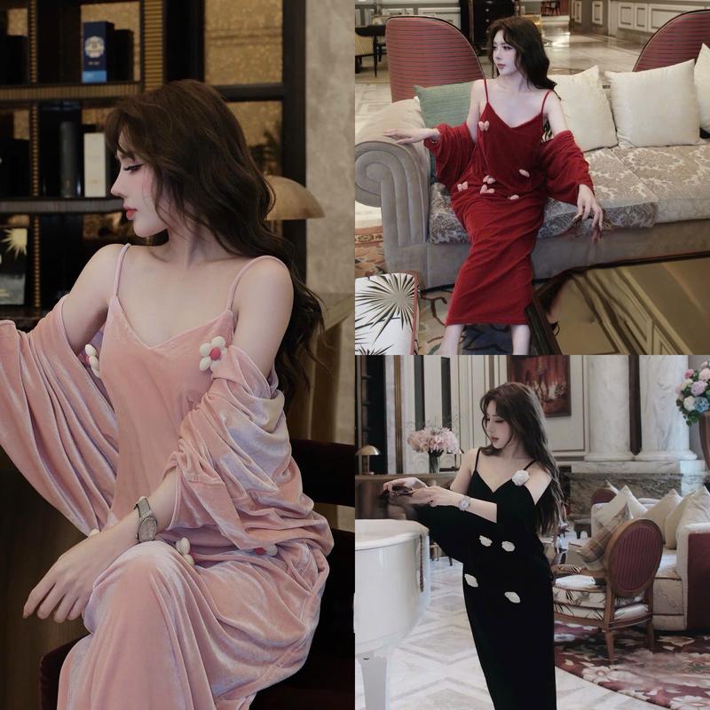 [HÀNG CÓ SẴN] G26 Set nhung the (váy và choàng) váy nhung 2 dây kèm choàng nhung và hoa nơ cài - Set đồ nữ sang chảnh