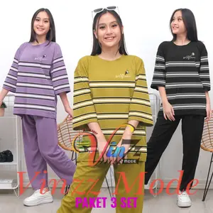 VINZZ - PAKET HEMAT 3 SET !!! Setelan Ld 120 Wanita Jumbo Stripes Combi