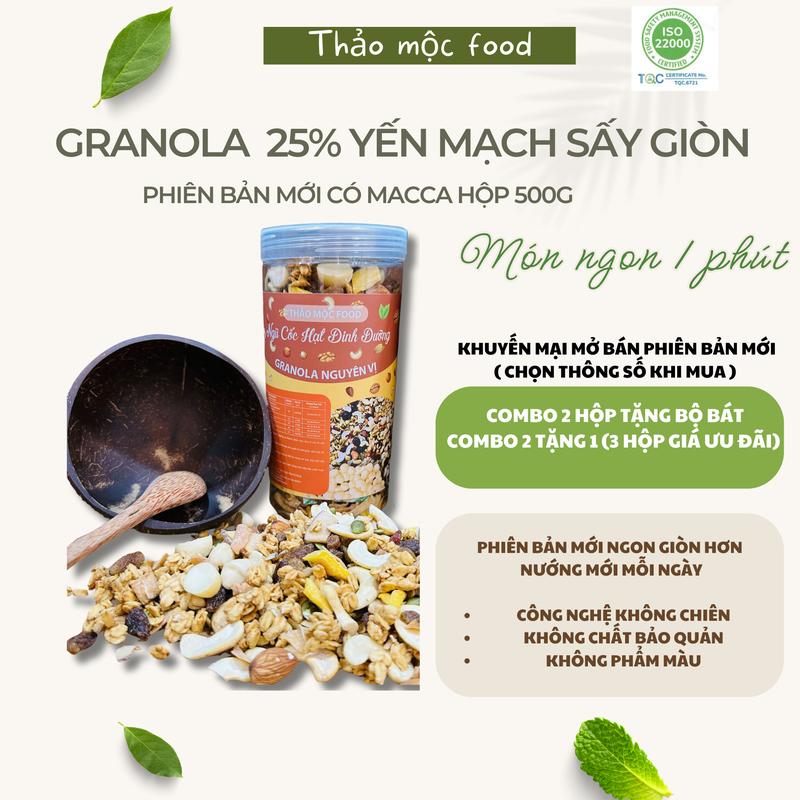 GRANOLA Mới Có MACCA Siêu Hạt 25% Yến Mạch Sấy Giòn, Óc chó, Điều Sữa, Hạnh…