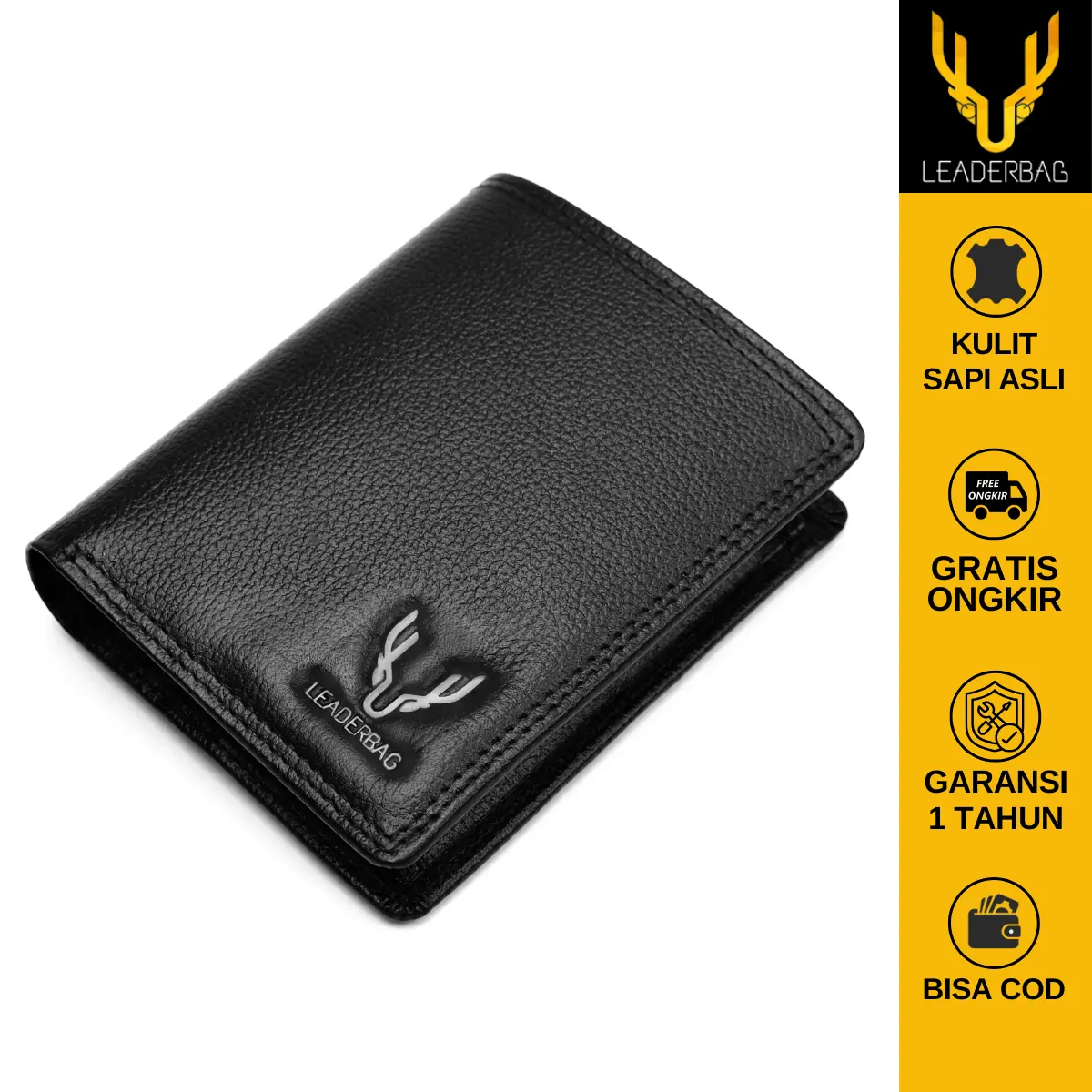 Leaderbag Dompet 3/4 Pria Kulit Sapi Asli Hitam Premium Terbaru Wallet Lipat Kartu Branded Elegan
